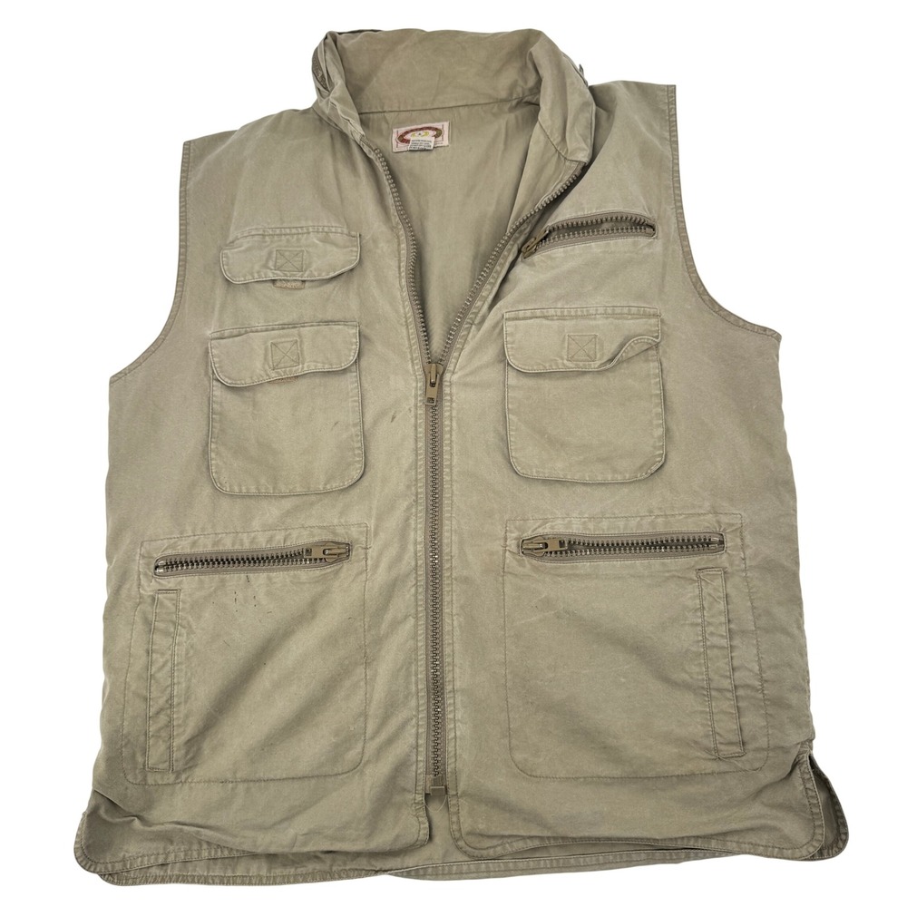 Vintage 80s Banana Republic Safari Vest Mens L Khaki Tan Multi Pocket Utility